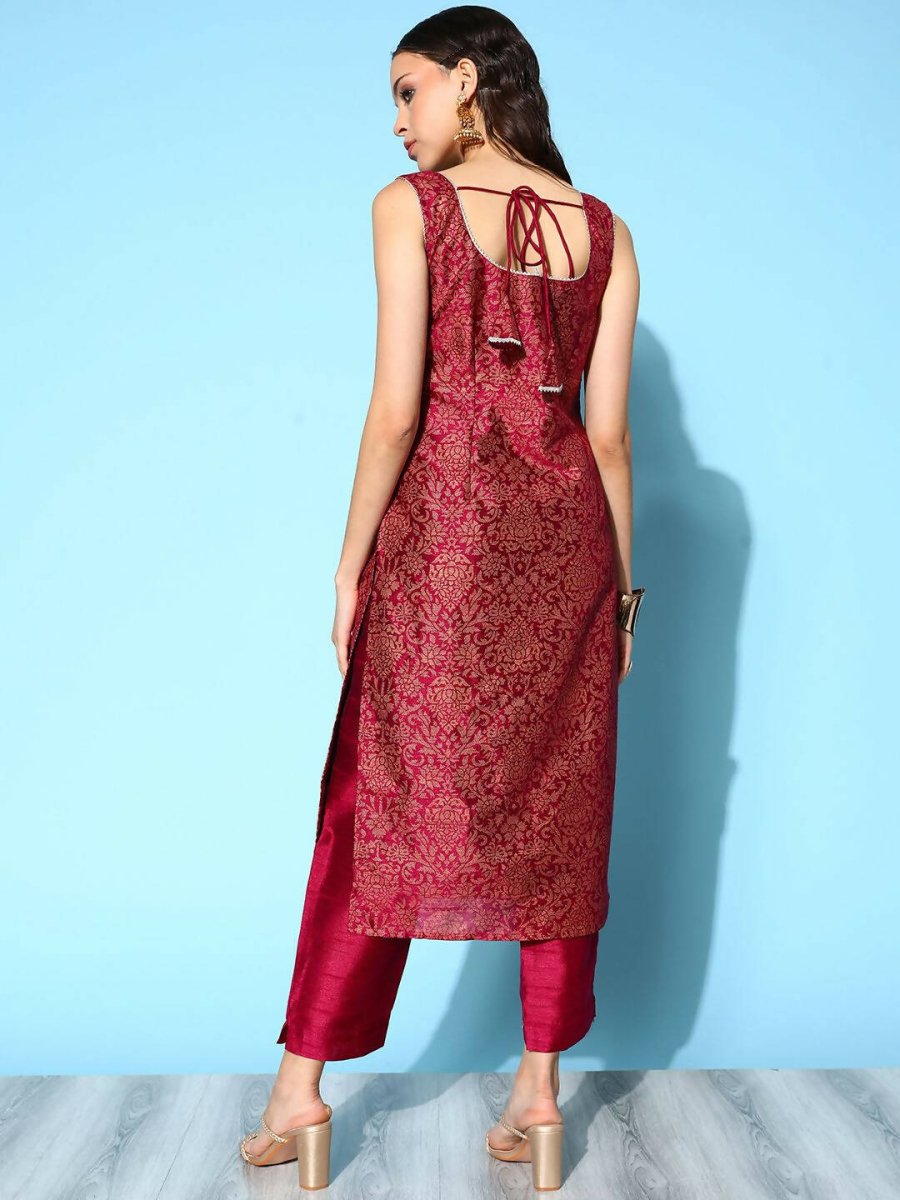 Ahalyaa Women's Wine Poly Silk Gold Paste Printed Kurta Pant Set | Swadesiicart