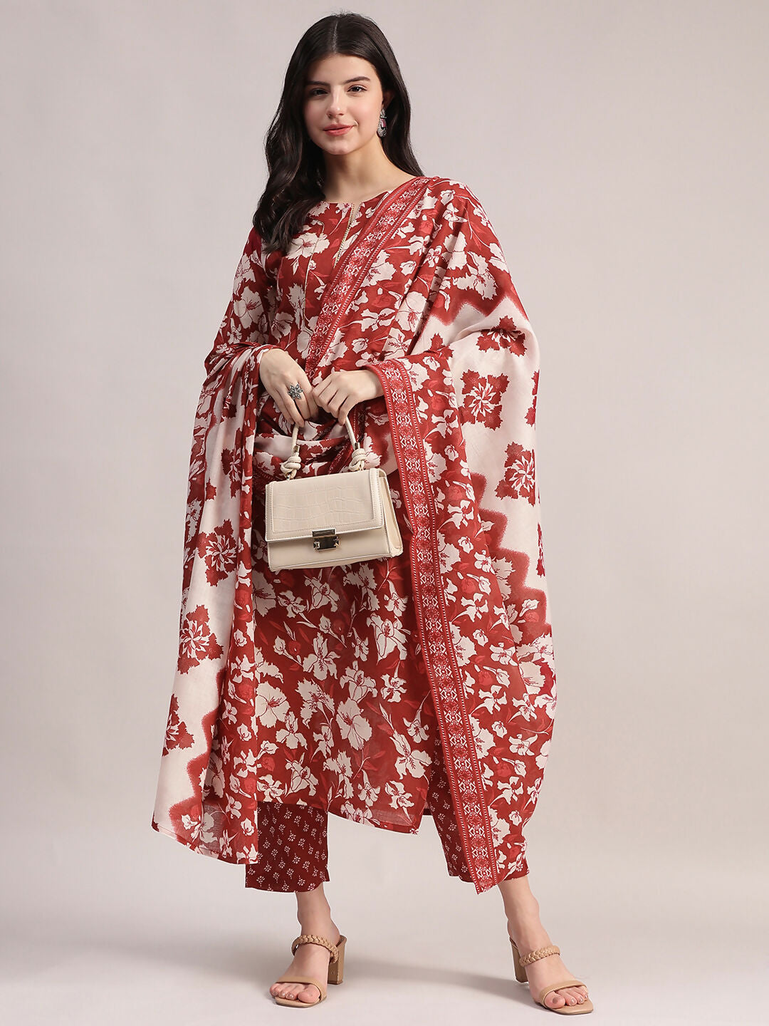 Aavyora Women Maroon Floral Printed Kurta with Printed Pants & Dupatta Set - Swadesiicart