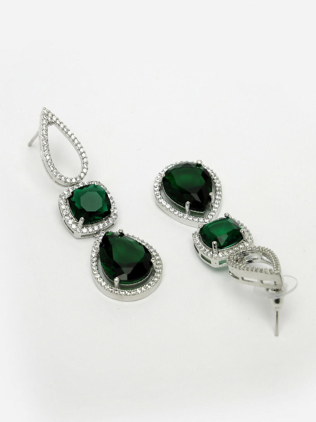 NVR Women's Green & Silver-Plated American Diamond Handcrafted Jewellery Set - Swadesiicart