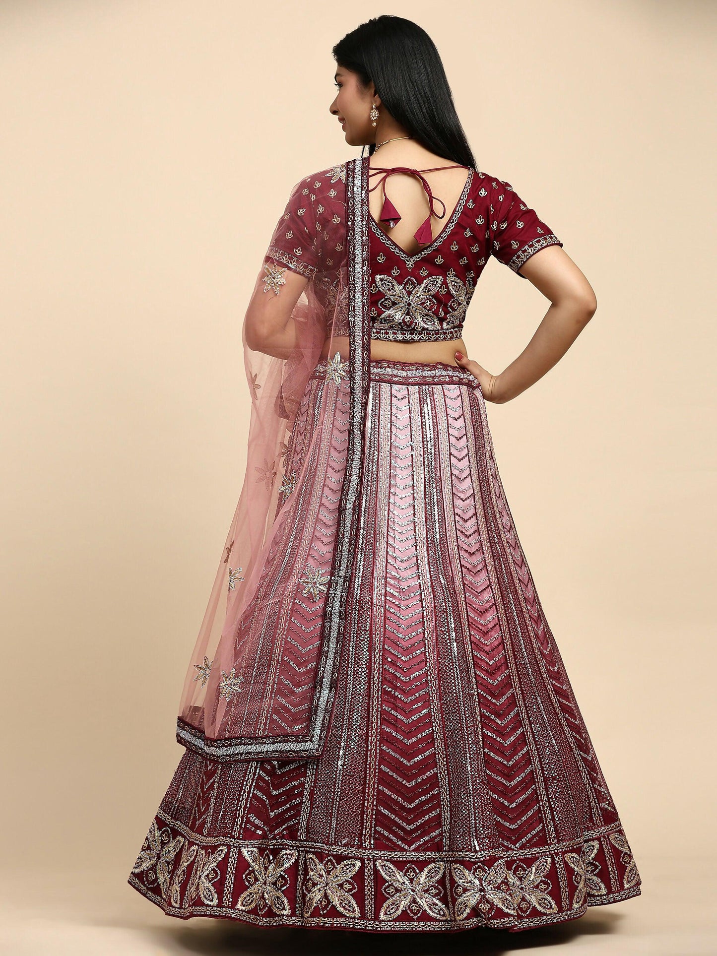 Maroon Fancy Net Sequence Embroidered Lehenga Choli with Dupatta - Dhara | Swadesiicart