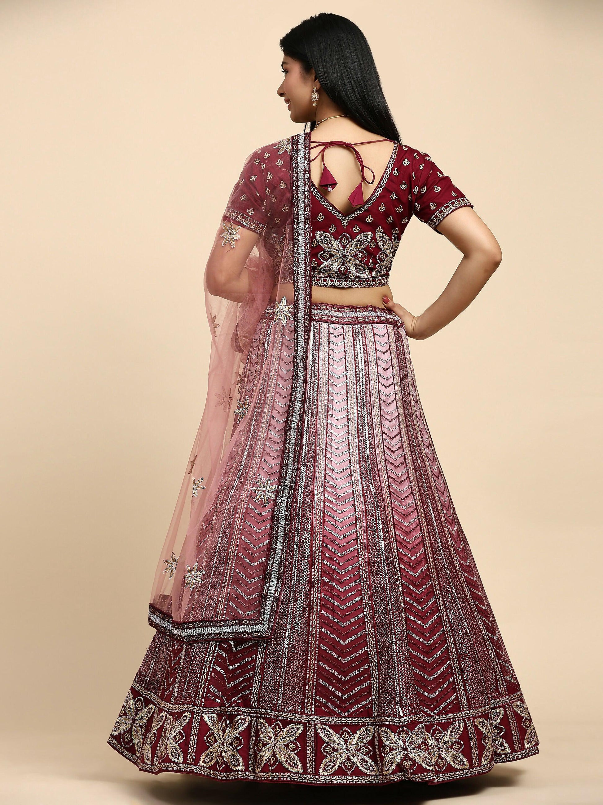 Maroon Fancy Net Sequence Embroidered Lehenga Choli with Dupatta - Dhara | Swadesiicart