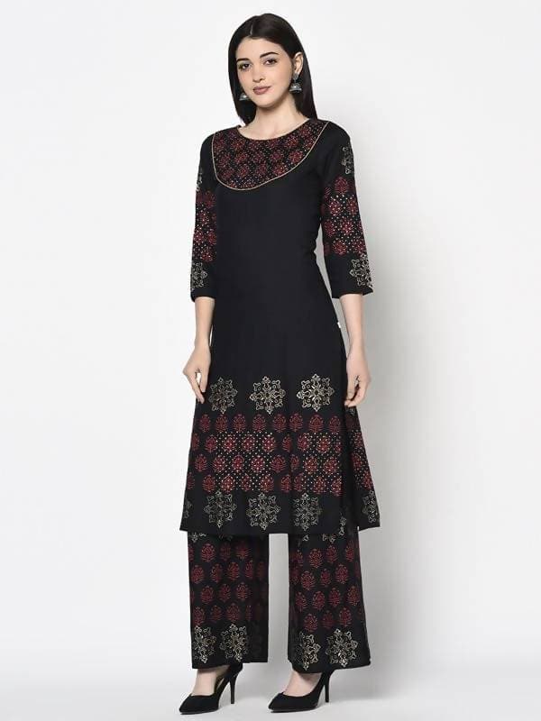 Aniyah Rayon Black Color Block Print Straight Kurta (AN-190K) - Swadesiicart