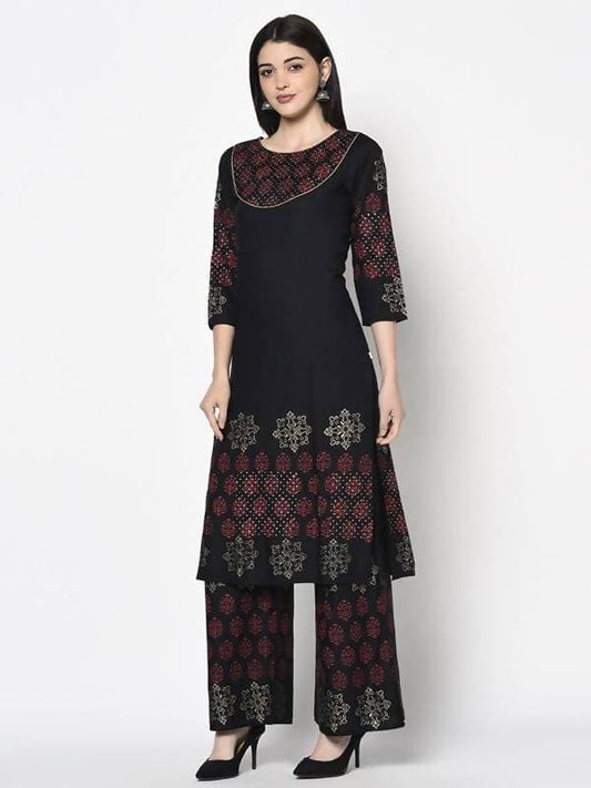 Aniyah Rayon Black Color Block Print Straight Kurta (AN-190K) - Swadesiicart