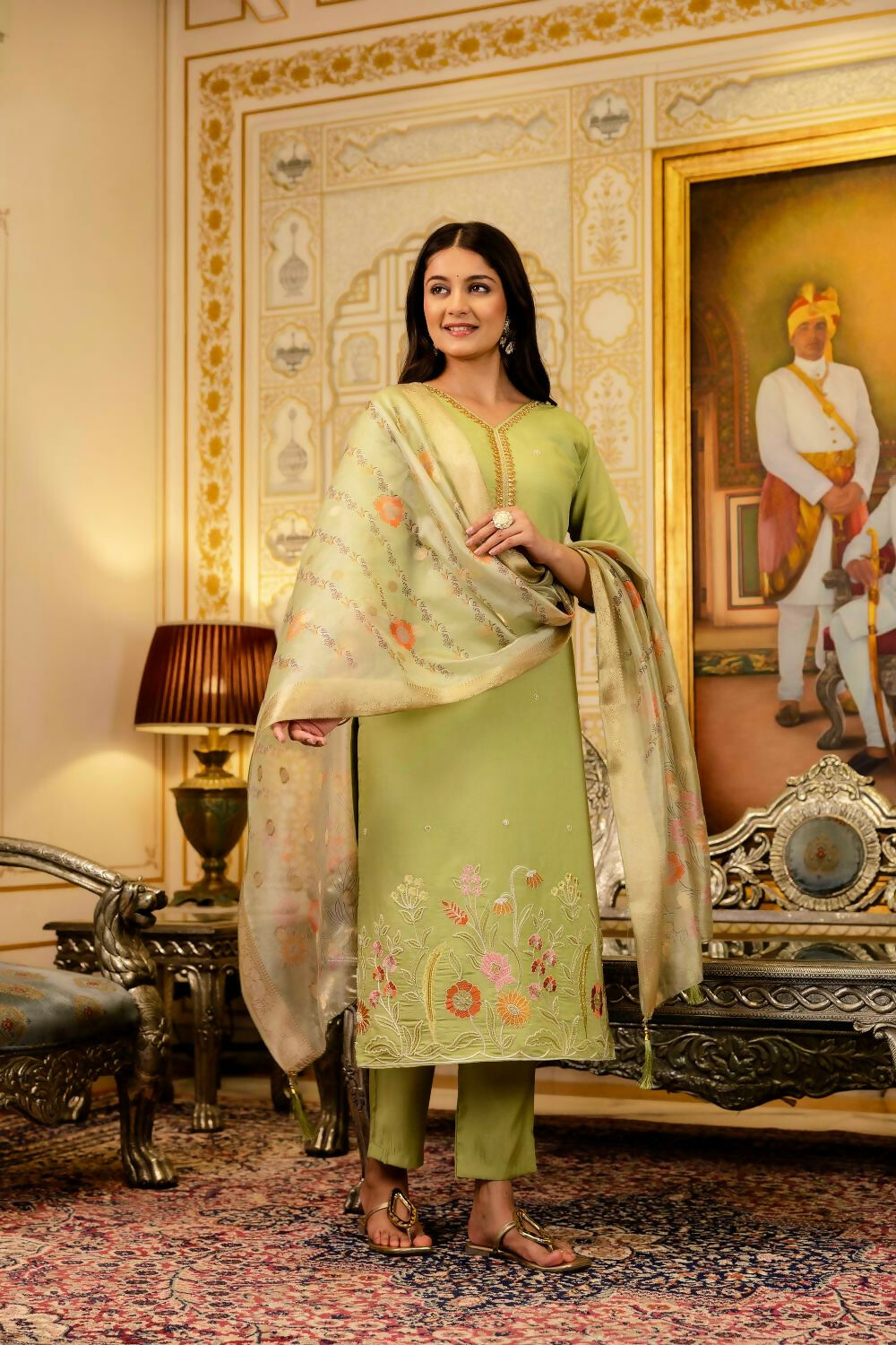 The52 Lemons Women's Beautiful Viscose Shimmer Fabric Embroidered Work Straight Kurta Pant and Dupatta Set - Swadesiicart