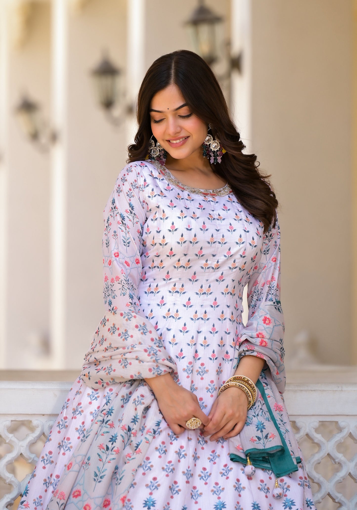 Partywear Designer White Dola Silk Anarkali suit with Dupatta- Samyukta - Swadesiicart