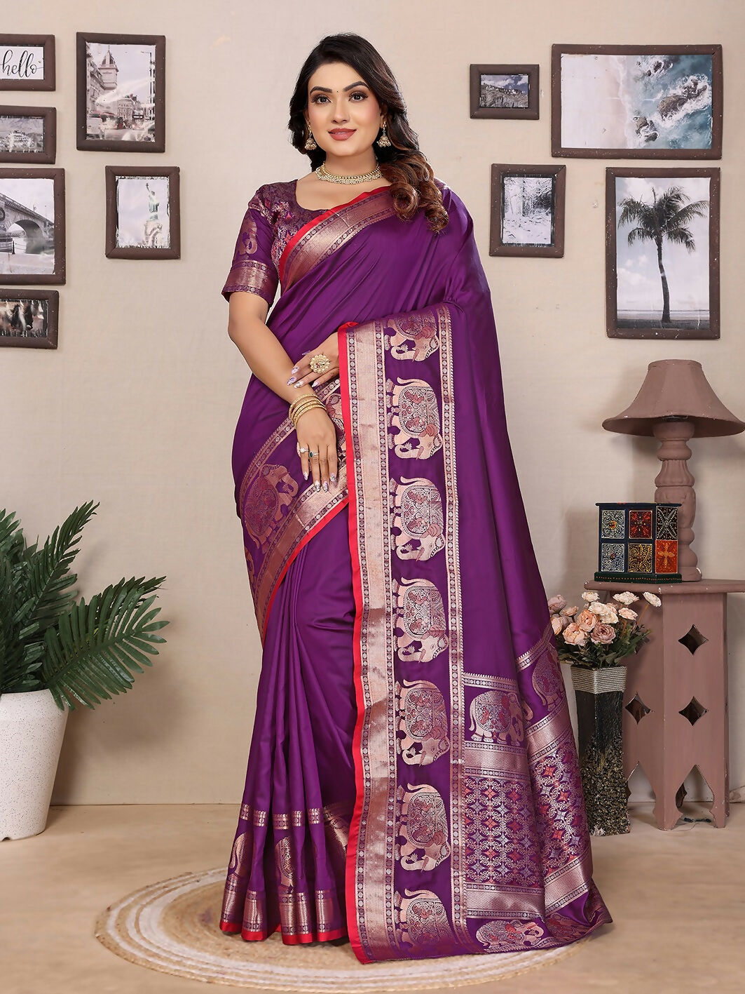Joban Fashion Purple Solid Banarasi Silk Sarees | Swadesiicart