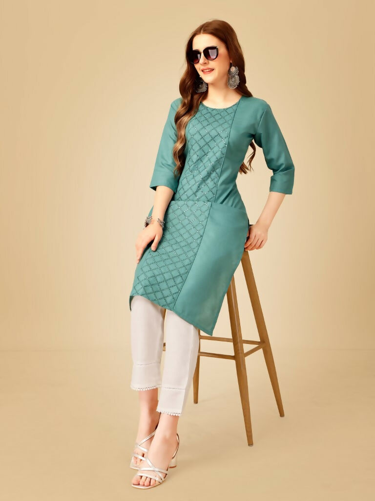 Jyoti Fashion Women's Teal Cotton Blend Embroidered Kurta Pant Set | Swadesiicart