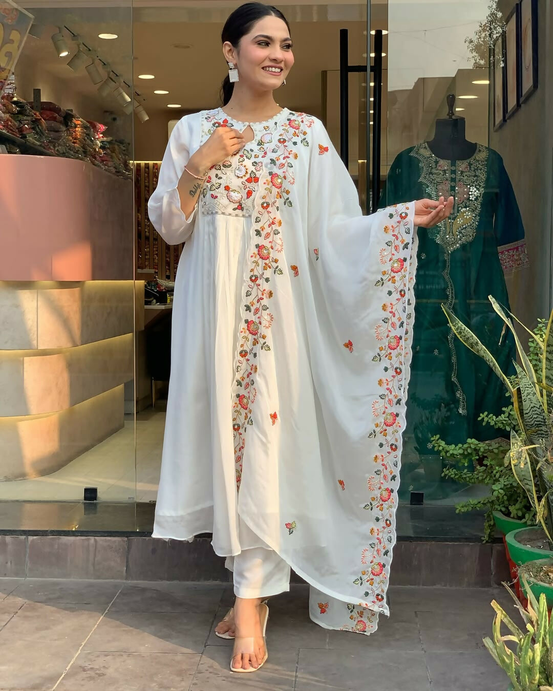 The52 White Women's Gorgeous Embroidered Viscose Chiffon Fabric Pleated Kurta Pant with Dupatta Set - Swadesiicart