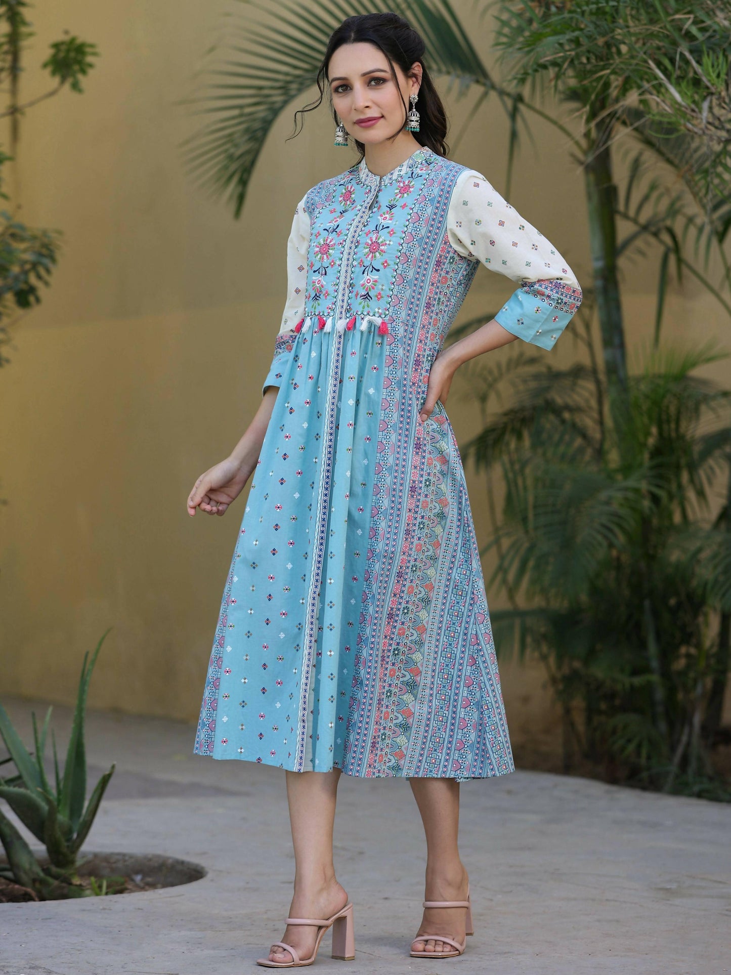 Juniper Women's Skyblue Cambric Printed Flared Dress | Swadesiicart