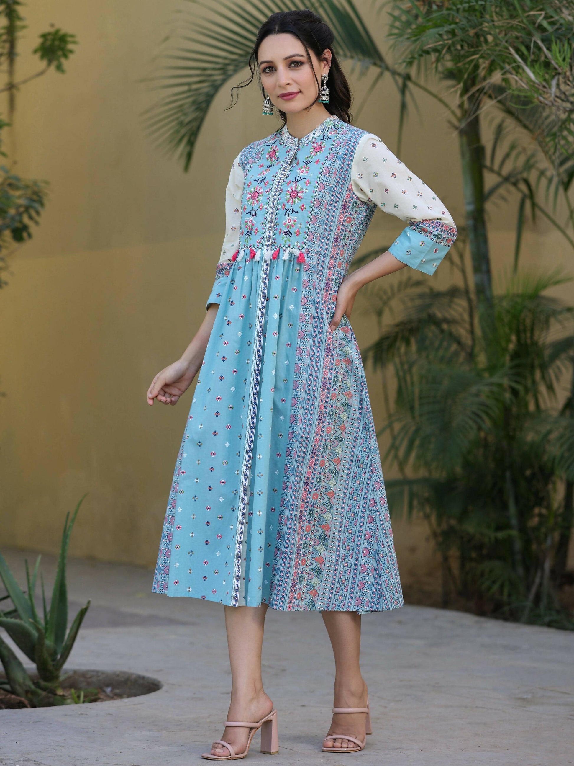 Juniper Women's Skyblue Cambric Printed Flared Dress | Swadesiicart
