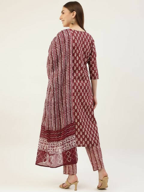 FIORRA Women's Maroon Cotton Straight Kurta Pant With Dupatta - Swadesiicart