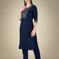 Jyoti Fashion Women's Navy Blue Cotton Magic Slub Embroidery & Sequence work Kurta with Trouser & Dupatta | Swadesiicart