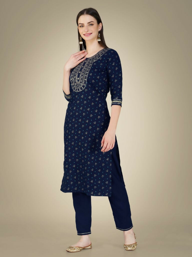 Jyoti Fashion Women's Navy Blue Cotton Magic Slub Embroidery & Sequence work Kurta with Trouser & Dupatta | Swadesiicart