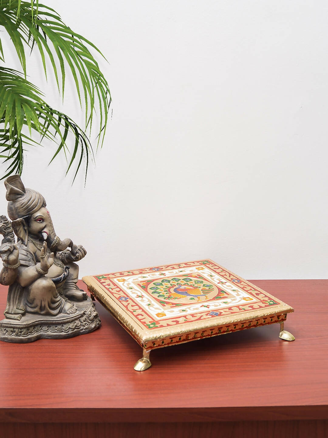 Golden Peacock Gold-Toned & Red Handcrafted Minakari Peacock Design Wooden Chowki | Swadesiicart