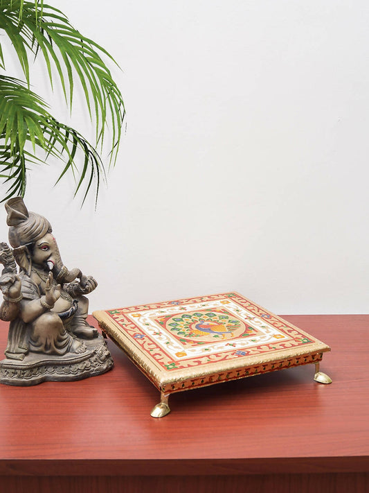 Golden Peacock Gold-Toned & Red Handcrafted Minakari Peacock Design Wooden Chowki | Swadesiicart