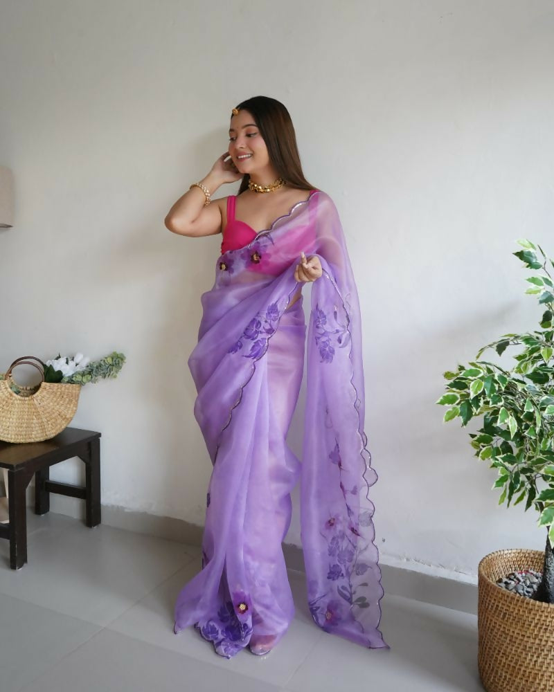 Vamsee Mudra Purple Organza Saree - Swadesiicart