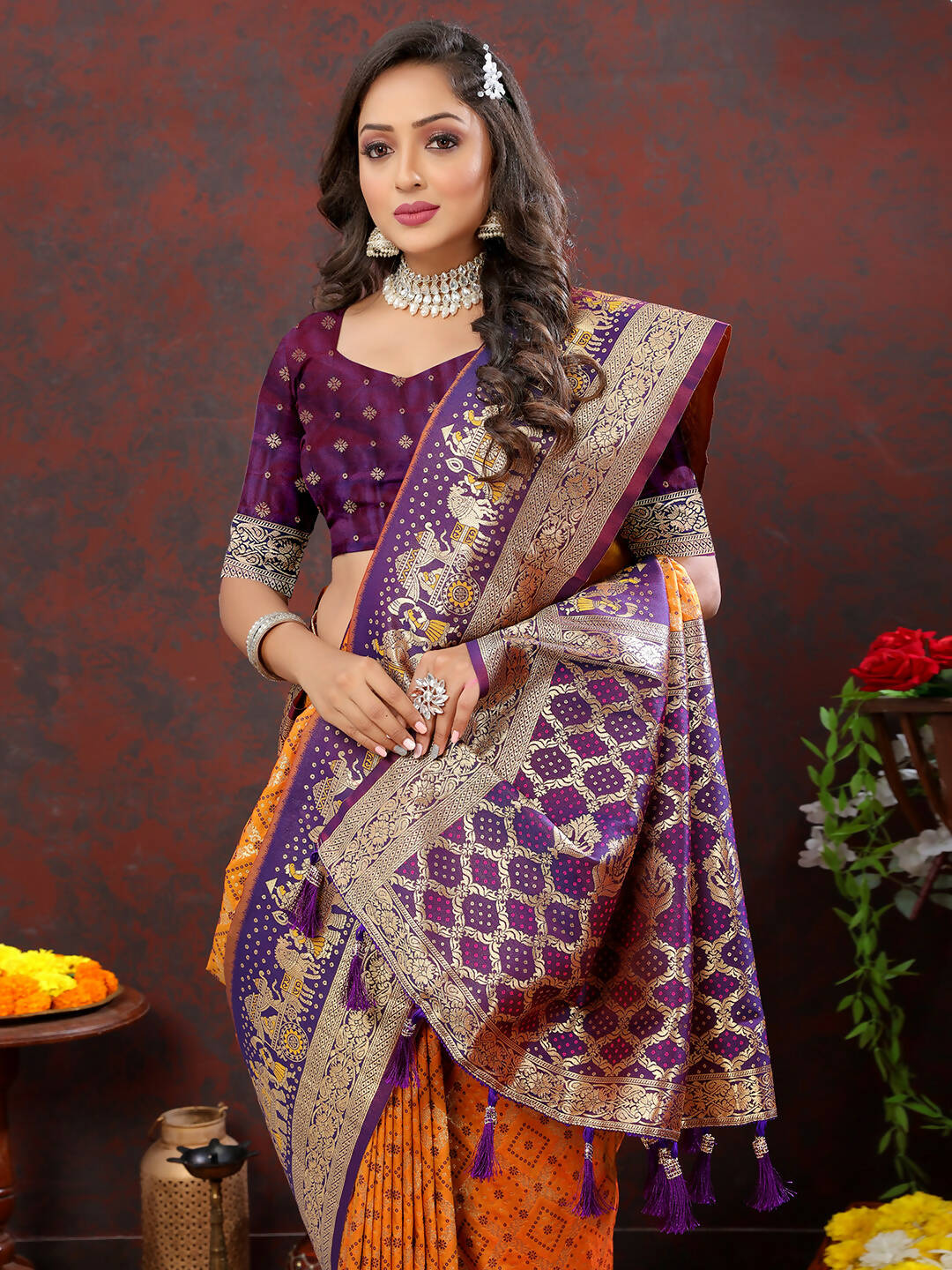 Lorenvalley Fashion Orange & Wine Patola Silk Woven Design Meenakari Weaving Saree - Swadesiicart