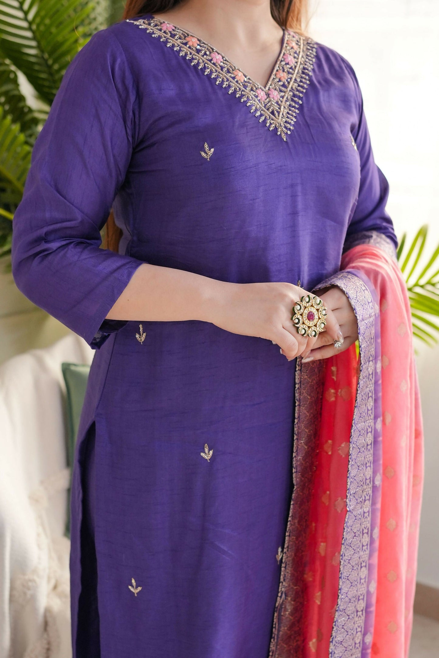 The52 Purple Women's Gorgeous Embroidered Vichitra Fabric Straight Kurta Pant with Dupatta Set - Swadesiicart
