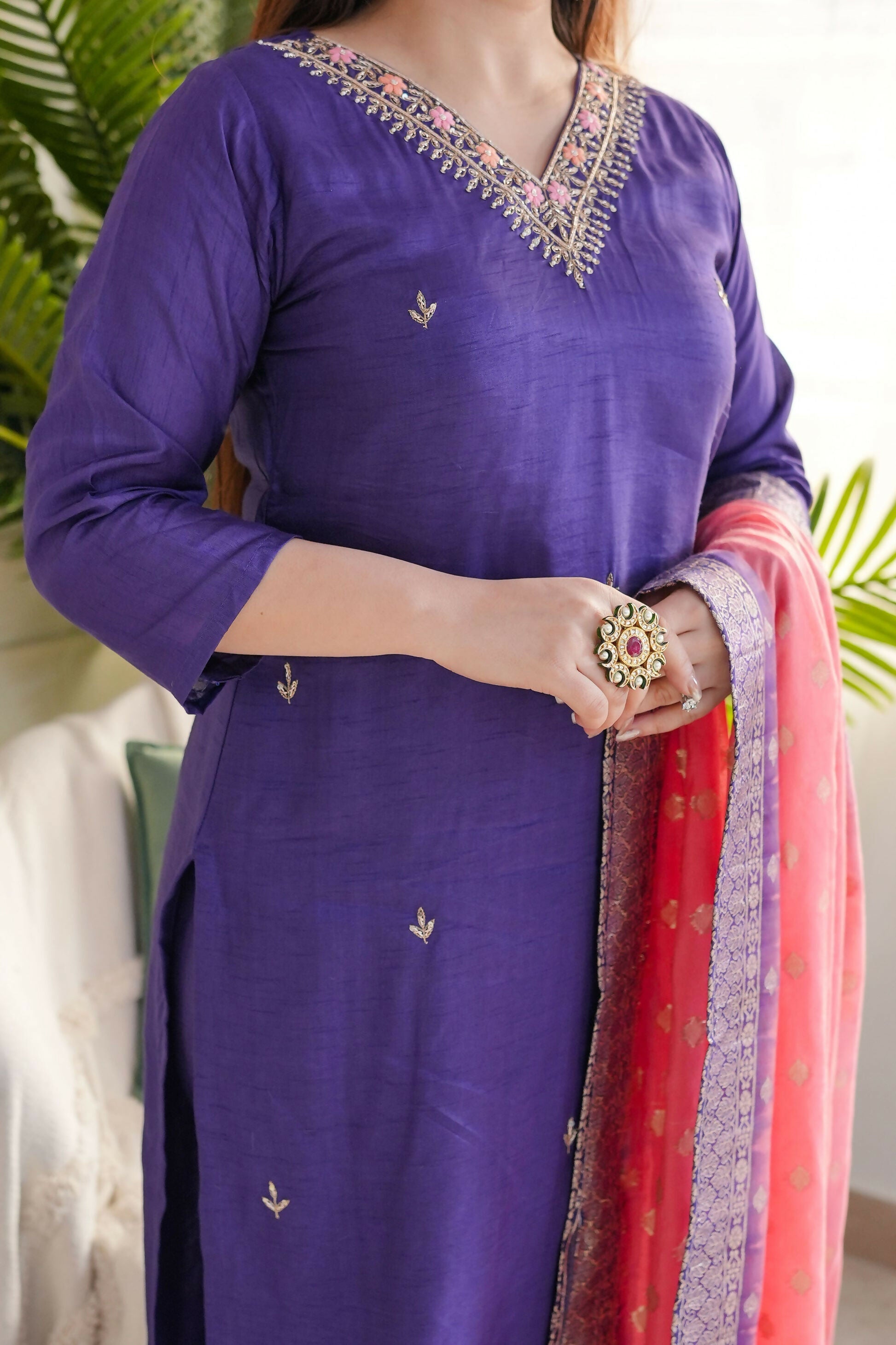 The52 Purple Women's Gorgeous Embroidered Vichitra Fabric Straight Kurta Pant with Dupatta Set - Swadesiicart