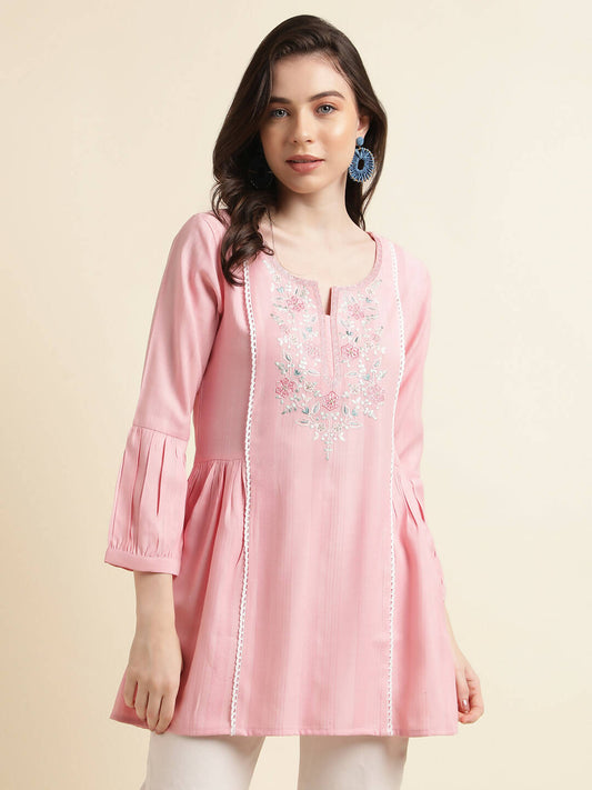 Pink Viscose Rayon Yoke Embroidered A-line Top - Tarini - Swadesiicart