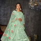 Jyoti Fashion Women's Sea Green Net Embroidered Anarkali Kurta Pant Set With Dupatta | Swadesiicart