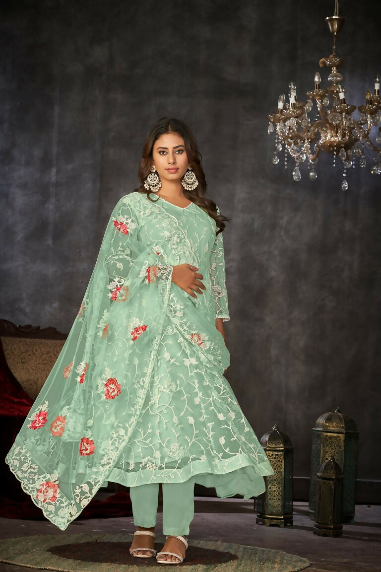 Jyoti Fashion Women's Sea Green Net Embroidered Anarkali Kurta Pant Set With Dupatta | Swadesiicart