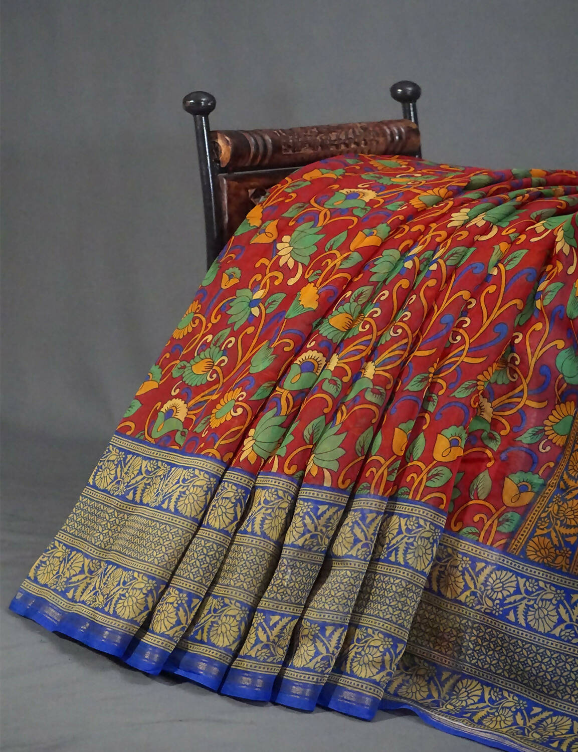 Vibrant Combination Of Maroon Red Kalamkaari Design Semi Chanderi Saree With Contrast Blouse By Gayathri Reddy Designer Studio | Swadesiicart