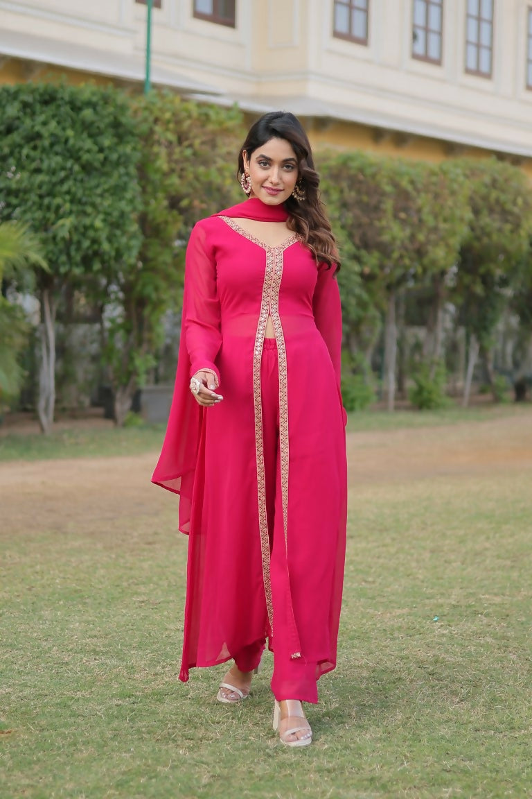 Jyoti Fashion Women's Pink Faux Blooming Embroidered Kurta with Trouser & Dupatta | Swadesiicart