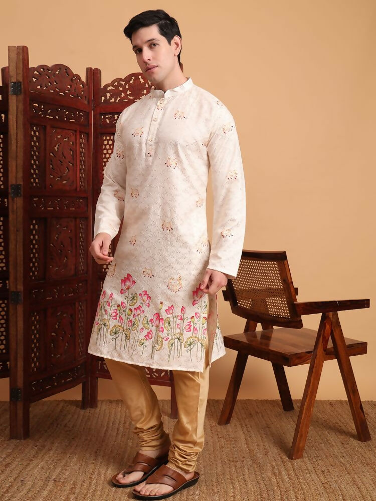 Cream Cotton Printed Chikankari Embroidery Work Kurta - Mahotsav | Swadesiicart