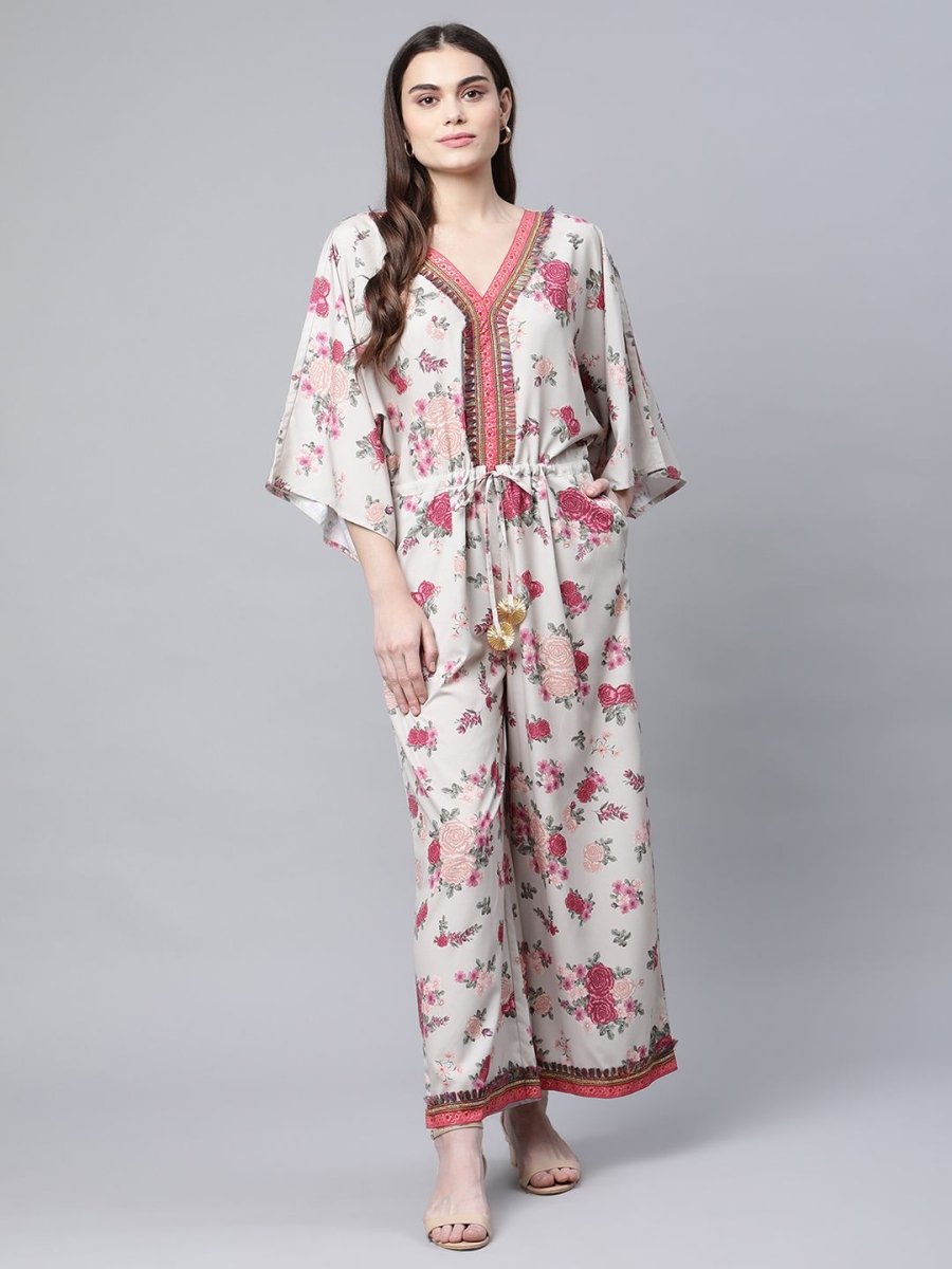 Ahalyaa Womens Beige Crepe Digital Floral Print Jumpsuit - Swadesiicart