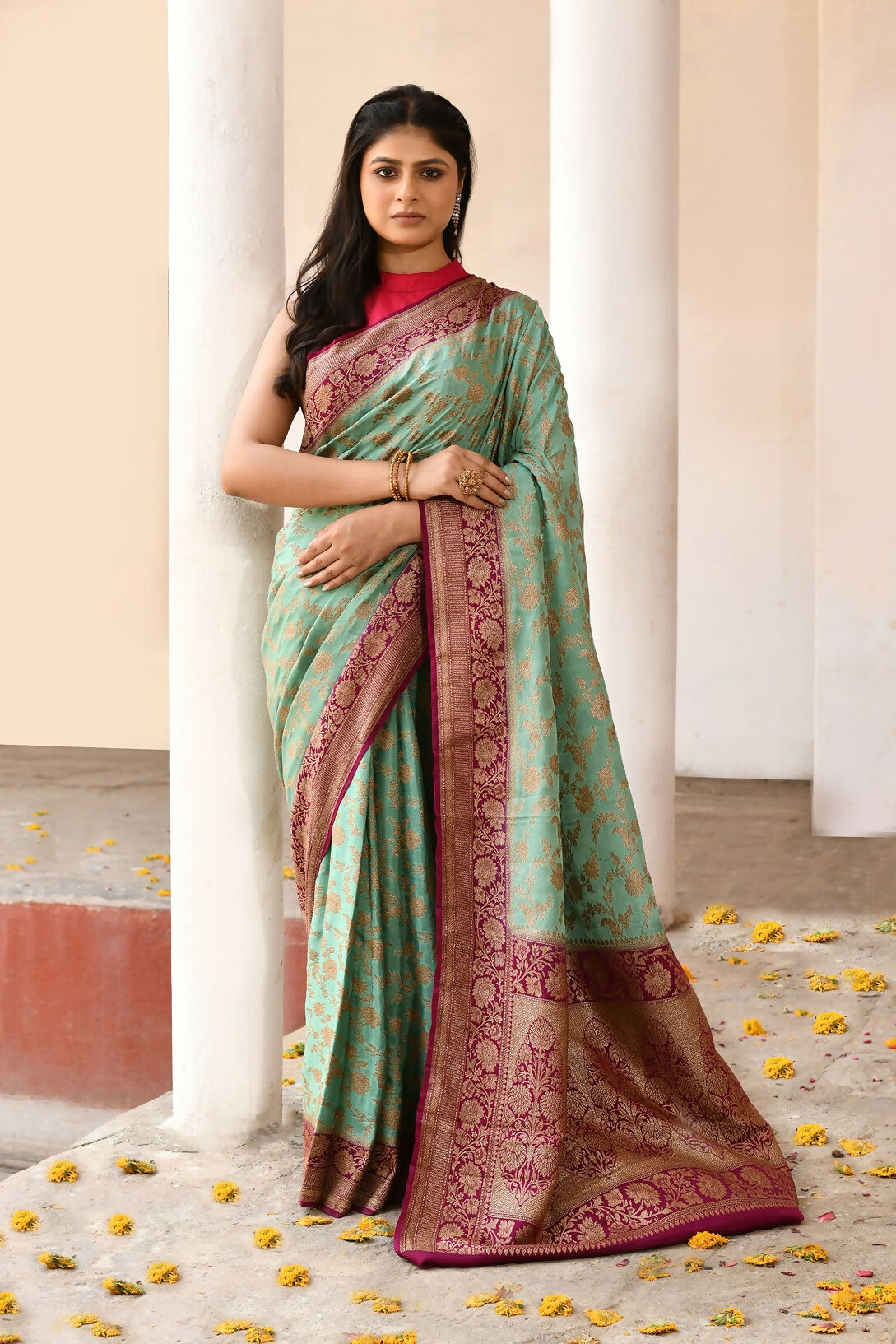 Joban Fashion Aqua Crepe Chiffon Pure Handloom Banarasi Silk Saree | Swadesiicart