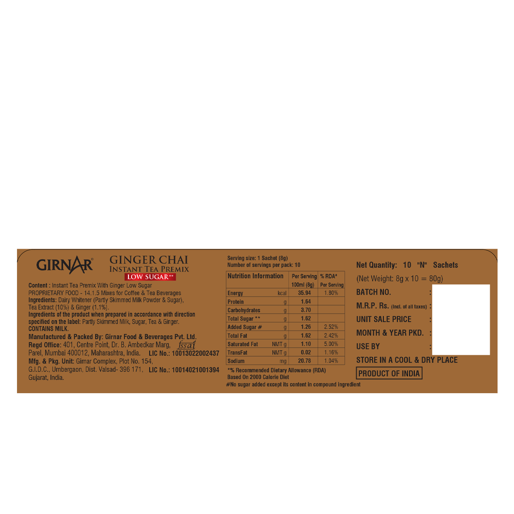 Girnar Instant Tea Premix With Ginger (Low Sugar) | Swadesiicart