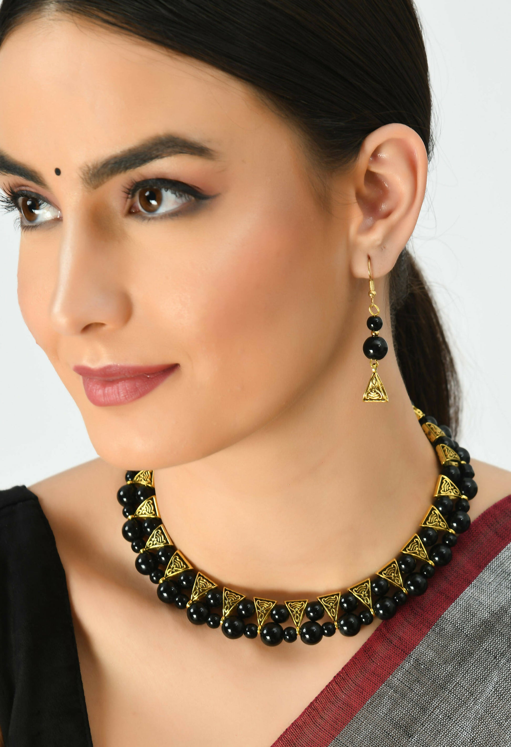 Mominos Fashion Johar Kamal Gold-Polished Brass Finish Pearls Work Choker For Women (Black) | Swadesiicart