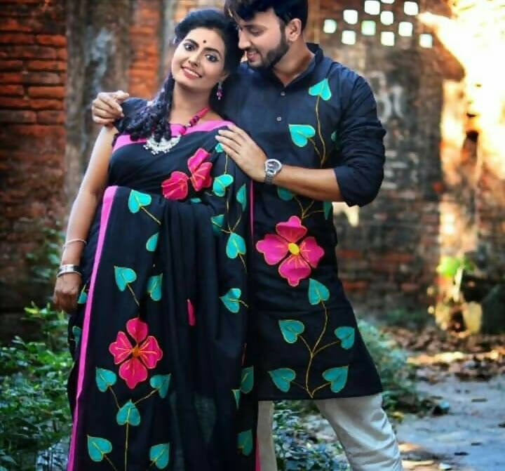 Exclusive Collection Saree With Blouse Piece For Women And Men's Kurta - Black | Swadesiicart