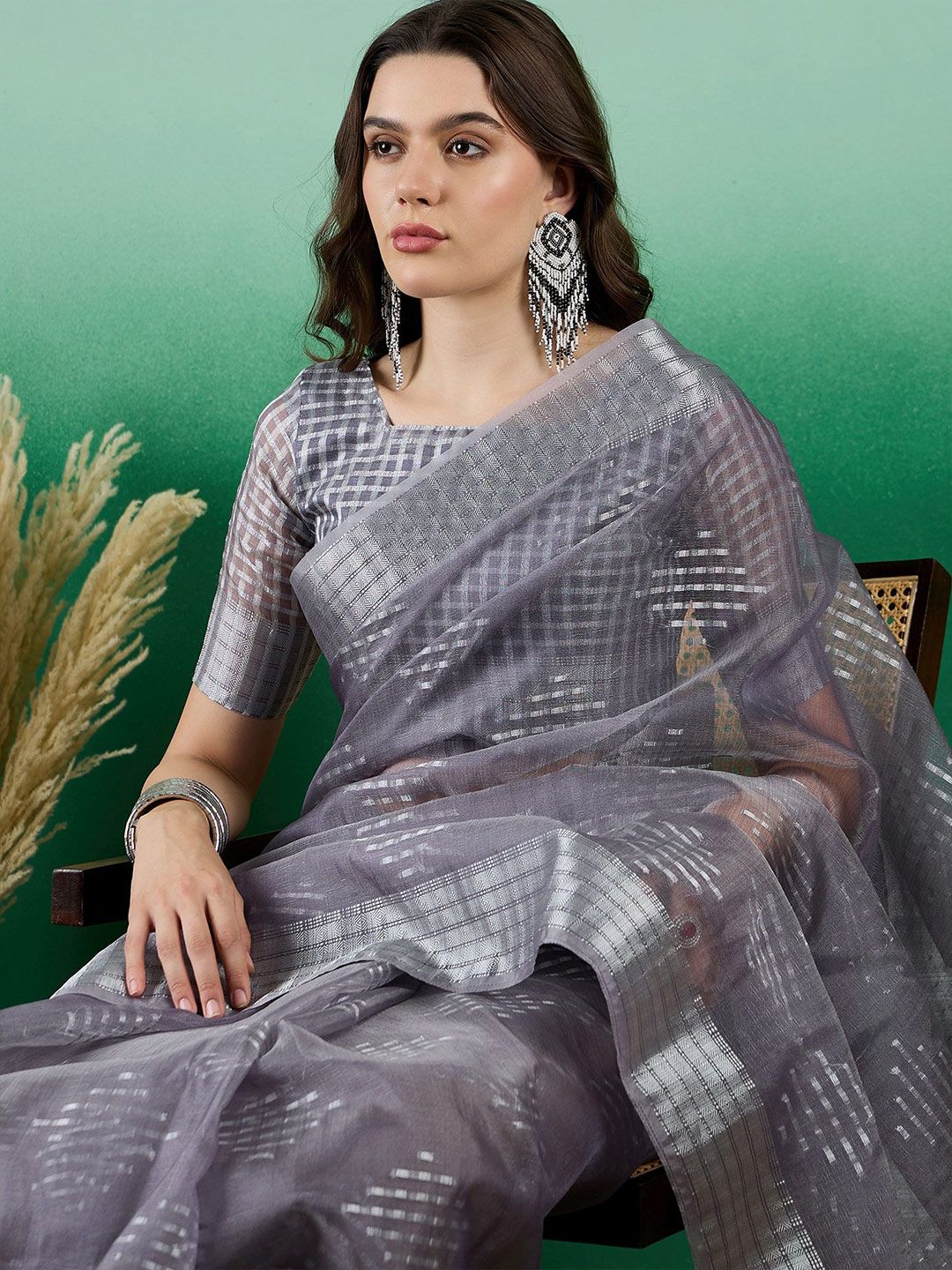 Mitera Striped Zari Organza Banarasi Saree | Swadesiicart