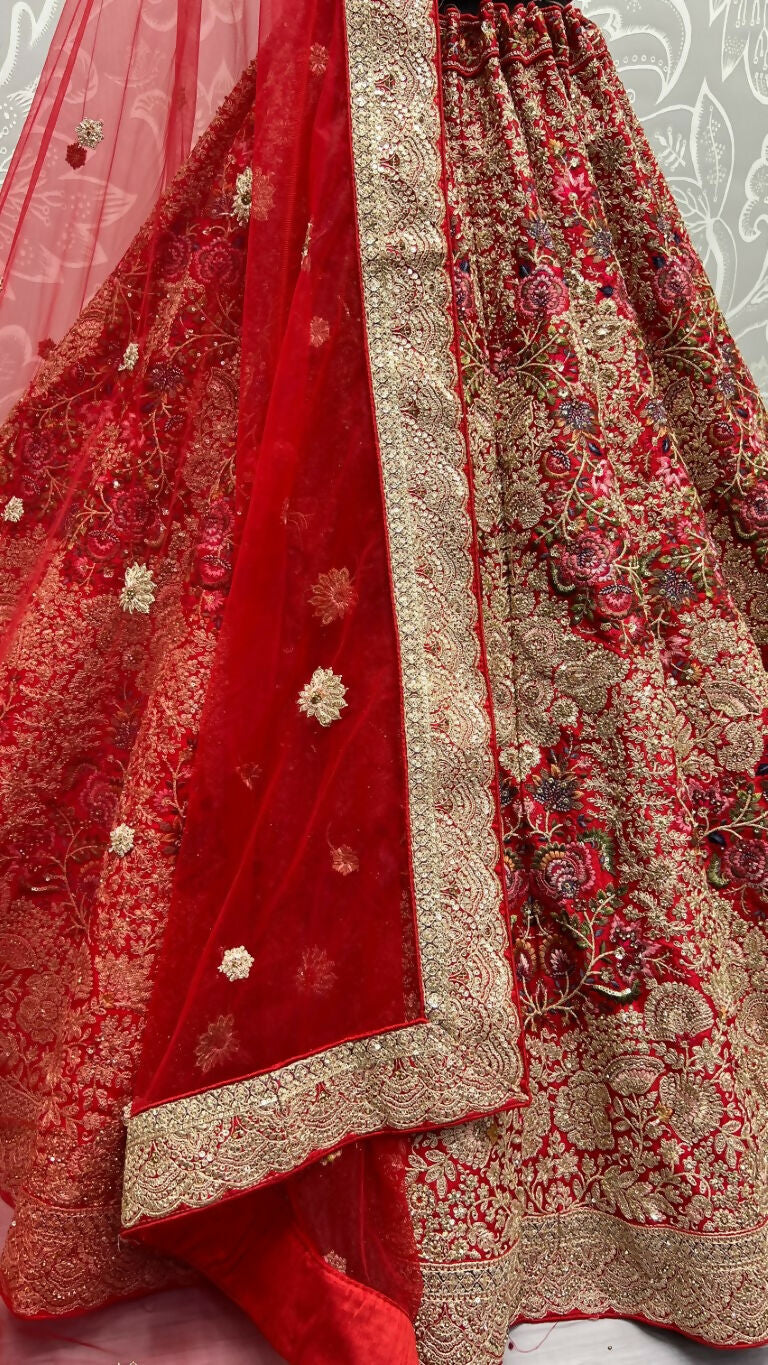 Jyoti Fashion Women's Red Silk Fancy Dori & Sequins Multi Thread Embroidered with Diamond Work Wedding Lehenga Choli | Swadesiicart