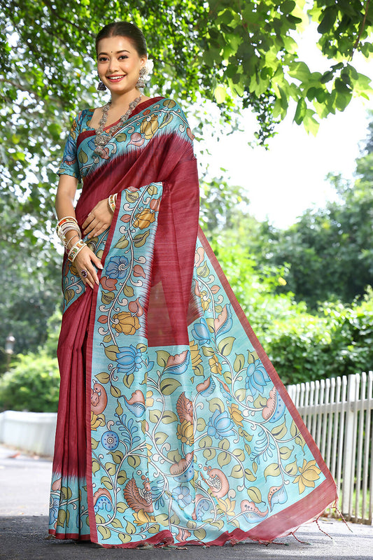 Vishnu Weaves Women's Red Cotton Silk Woven Saree with Blouse - Swadesiicart