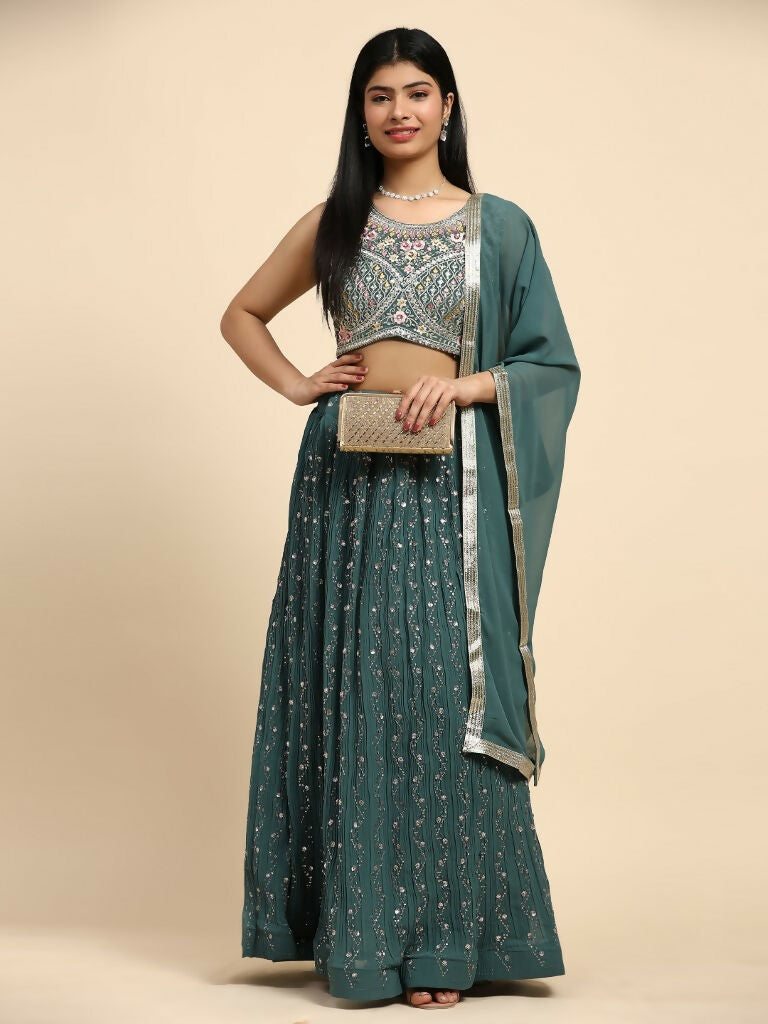 Green Georgette Embroidered Lehenga choli with Dupatta - Dhara | Swadesiicart