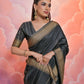 Vishnu Weaves Women's Black Cotton Self Weaving Saree with Blouse - Swadesiicart