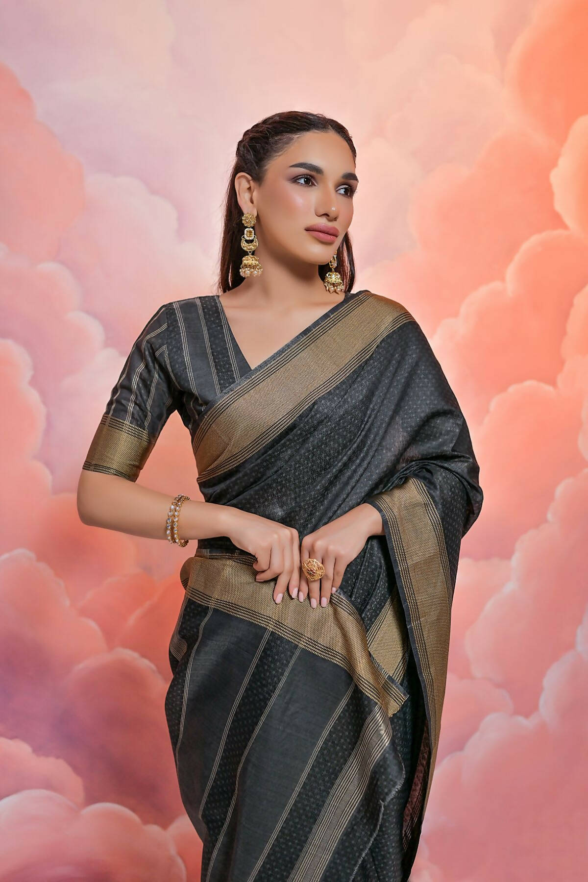 Vishnu Weaves Women's Black Cotton Self Weaving Saree with Blouse - Swadesiicart