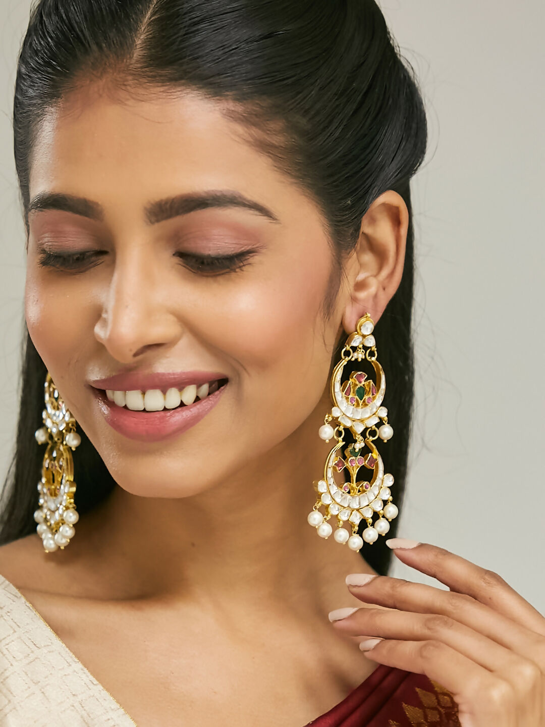 Nuyug 22K Gold-Plated Kundan Studded & Pearl Beaded Layered Chandbalis | Swadesiicart