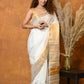 Very Much Indian Handloom Pure Cotton Linen Saree With Golden Border - White | Swadesiicart