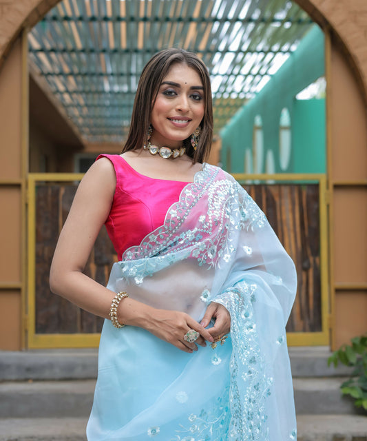 Vamsee Kiki Sky Organza Saree - Swadesiicart