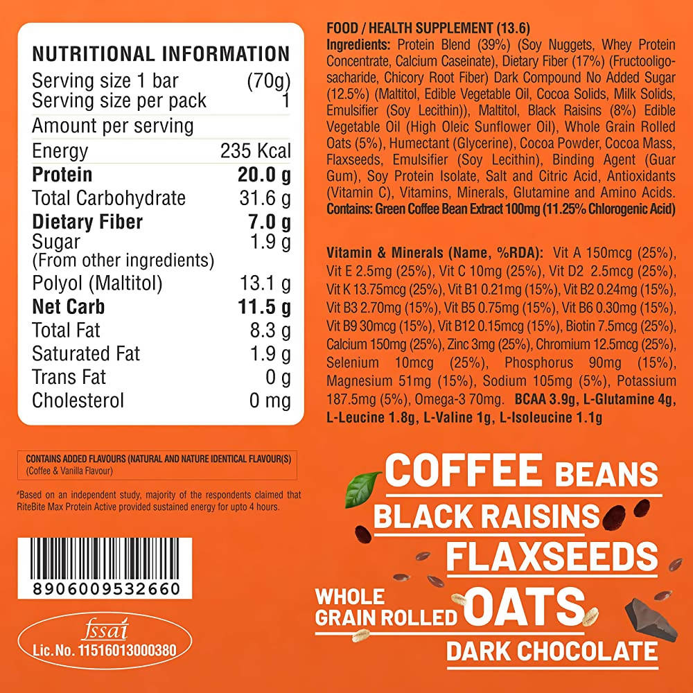 RiteBite Max Protein Active Green Coffee Beans Bar - Swadesiicart