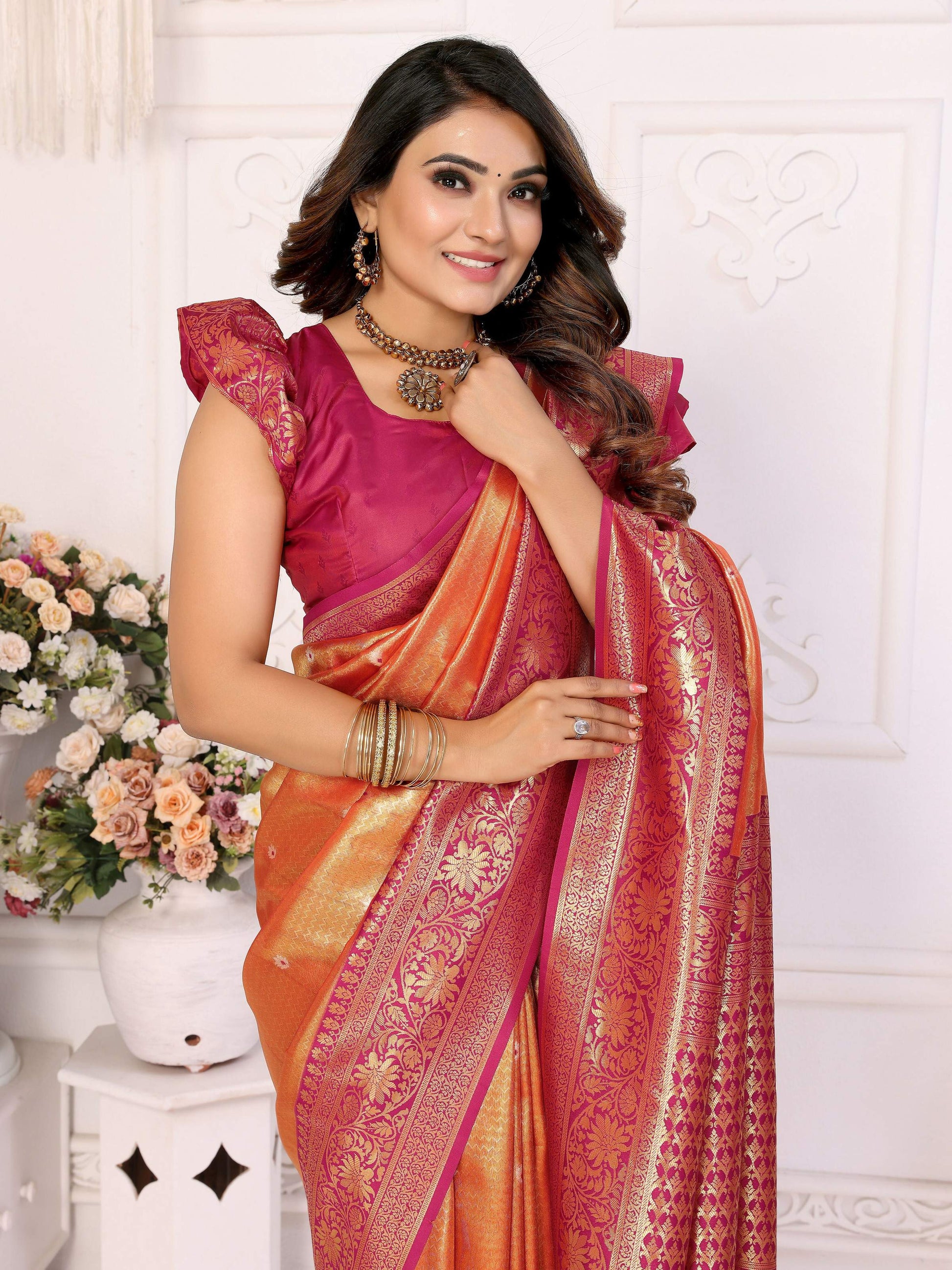 Aastha Fashion Orange Tissue Silk Weaving Saree