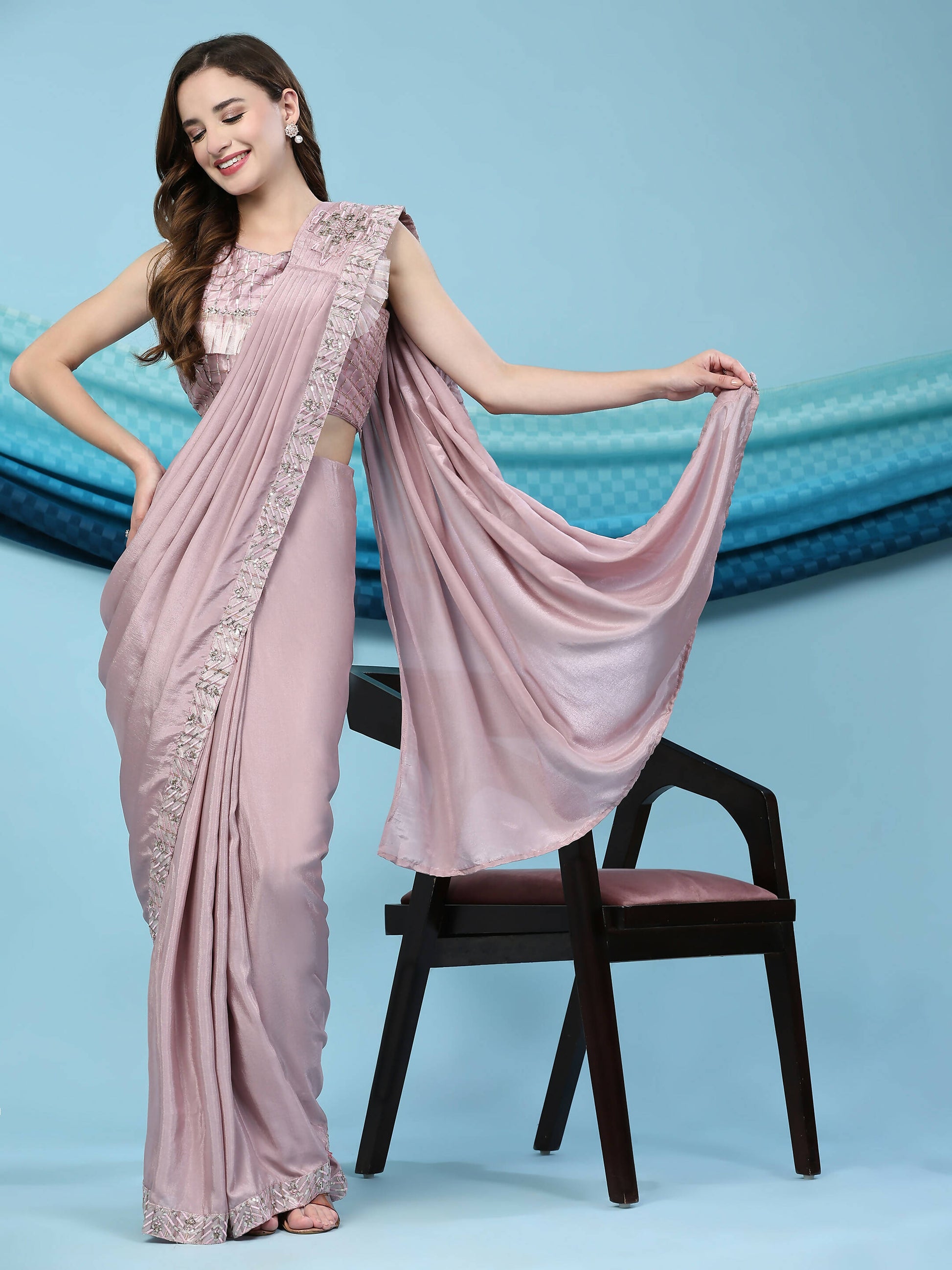 Pink Silk Satin Solid Ready to wear Saree with stitched Blouse - Satiksha | Swadesiicart