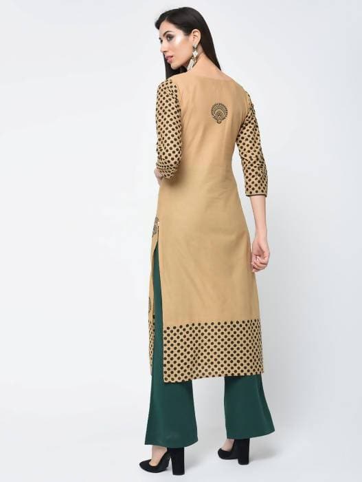 Aniyah Cotton Block Printed Beige Straight Kurta (AN-126K) - Swadesiicart