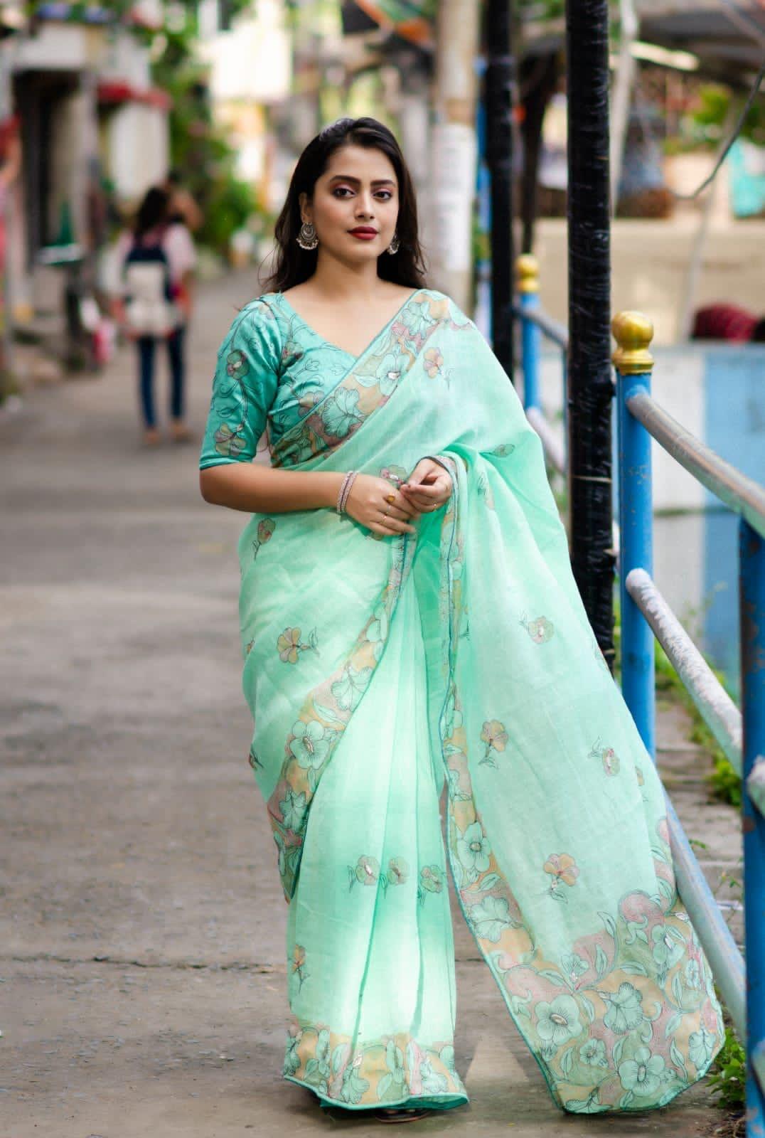SeaGreen Pure Linen Ethnic Motifs Saree with Unstitched Blouse - Hiral Fashion | Swadesiicart