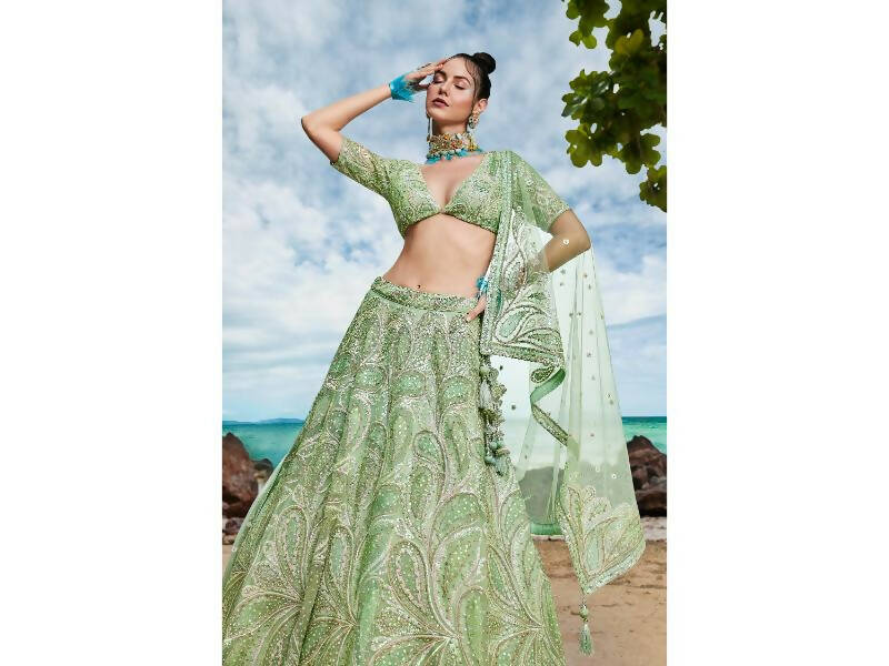 House of Panchhi Lime green Net Multi Sequins with heavy Zarkan embroidery Lehenga choli & Dupatta | Swadesiicart