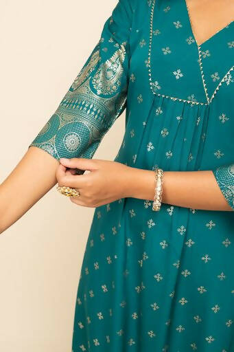 FIORRA Women's Teal Blue Crepe A-Line Kurta Pant with Dupatta - Swadesiicart